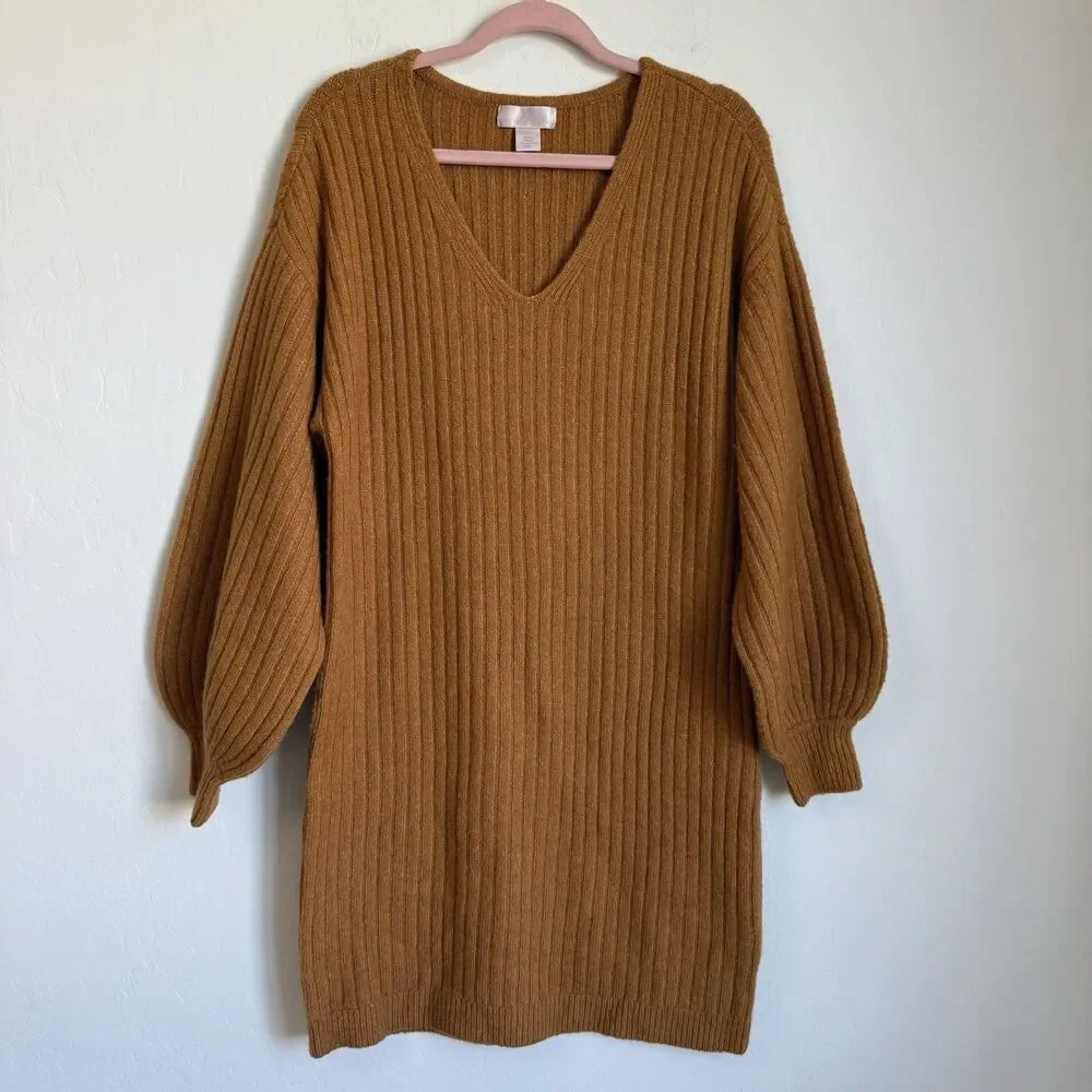 Rachel Parcell Wool Blend Balloon Sleeve Sweater Dress Size S Fall Pumpkin Spice - Picture 2 of 15